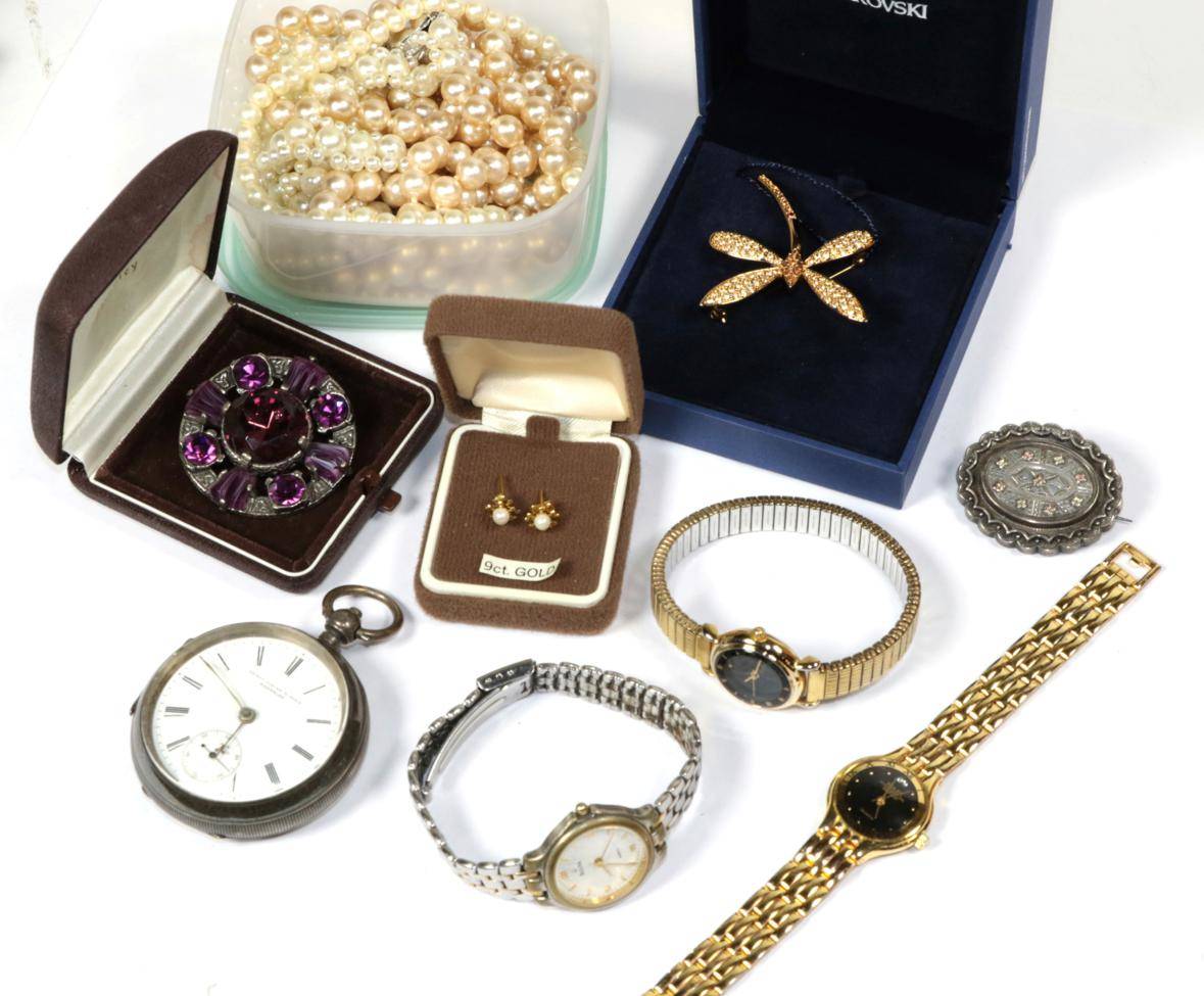 Lot 285 - A quantity of jewellery to include simulated and cultured pearls; a silver pocket watch; a...