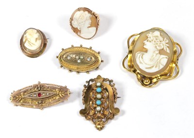 Lot 288 - A 9 carat gold cameo ring, finger size L1/2; a cameo brooch, stamped '9C'; a larger cameo...