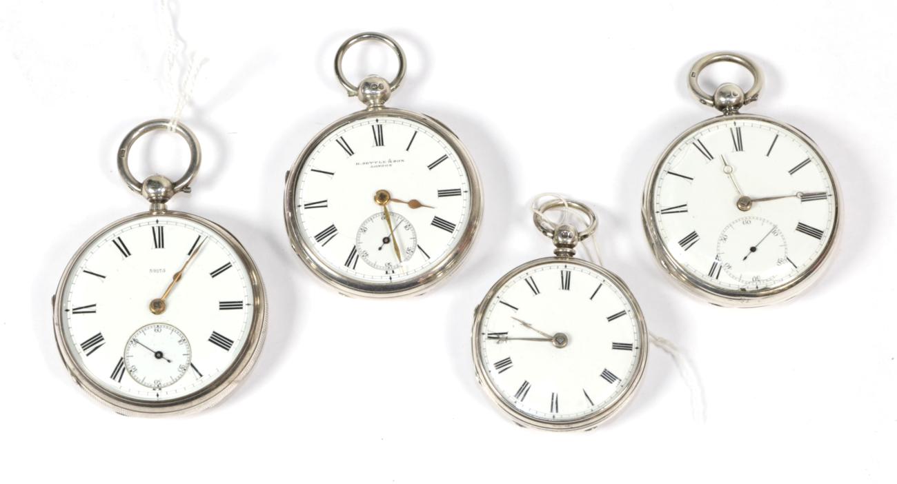 Lot 294 - Three silver open faced pocket watches and a lady's silver fob watch, signed Savory & Sons Cornhill