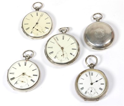 Lot 299 - Five pocket watches, three of the cases with London hallmarks, one case stamped 0.935 and one white