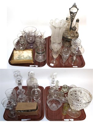 Lot 309 - Four trays of Victorian and later glass including hurricane vases, drinking glasses,...