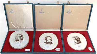 Lot 312 - Three cased Meissen composer plaques: Schubert, Mozart and Bach (3)