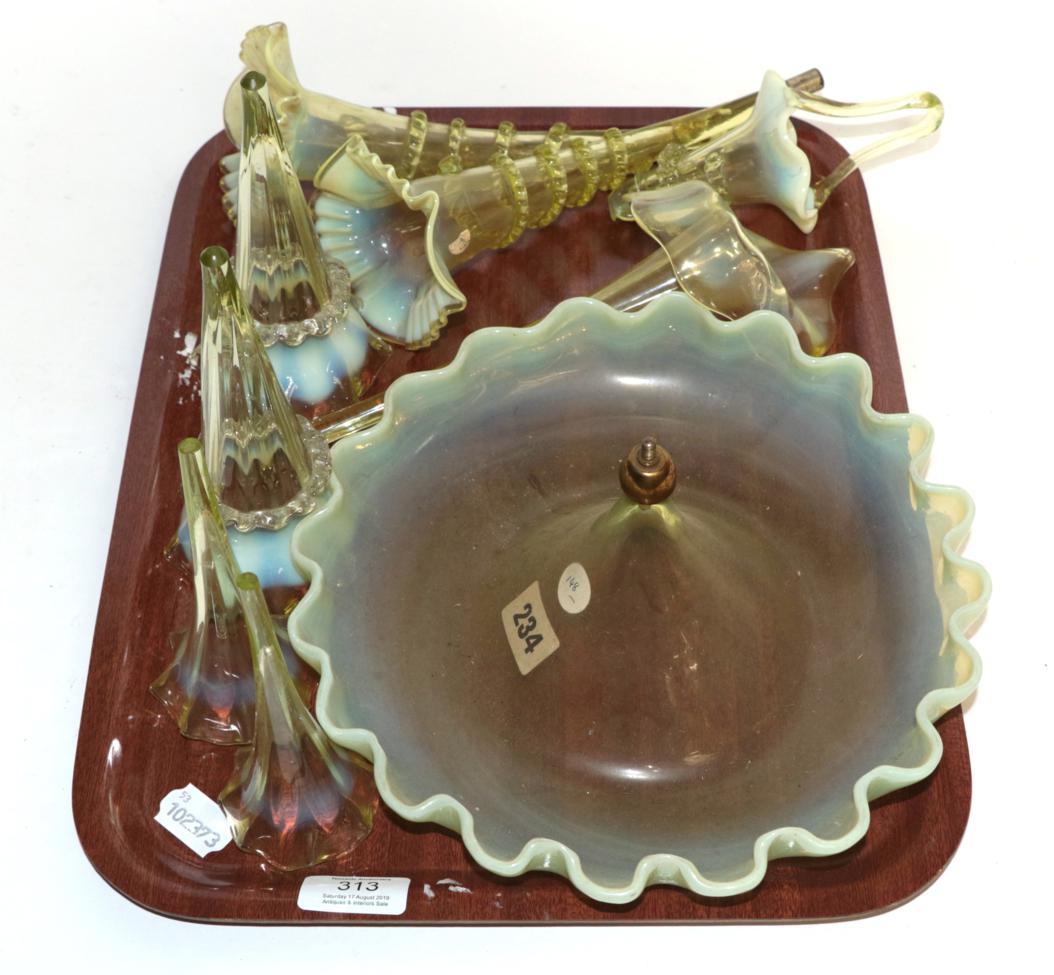 Lot 313 - A tray of vaseline glass epergne elements