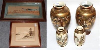 Lot 325 - Two pairs of Japanese Satsuma vases; Japanese block print and a Japanese cork picture
