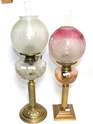 Lot 326 - Two oil lamps with glass chimneys and shades