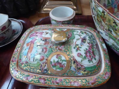 Lot 328 - A tray of Cantonese famille rose ceramics including a brush pot, bowl, teacups and saucers,...