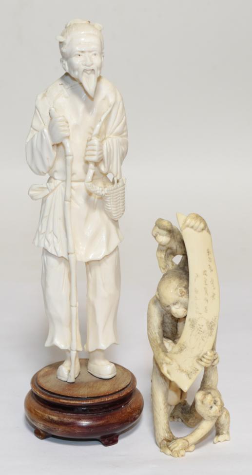 Lot 346 - A late 19th century carved ivory figure group of monkeys and an early 20th century carved ivory...