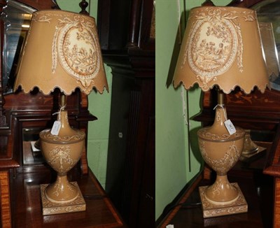 Lot 367 - A pair of modern printed metal table lamps and shades in the Sheraton Revival style