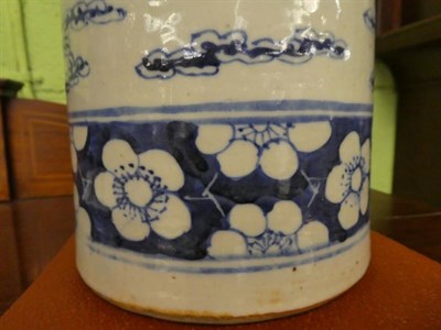 Lot 387 - An early 20th century Chinese blue and white porcelain sleeve vase of tapering cylindrical form...