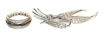 Lot 400 - An 18 carat white gold diamond set spray brooch, length 5.3cm; and a triple ring (a.f.),...