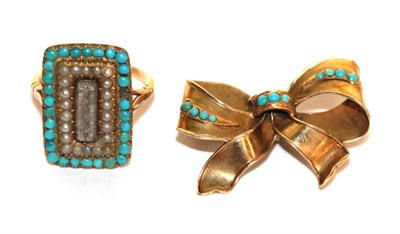 Lot 401 - A turquoise ring and seed pearl mourning ring, unmarked, finger size J1/2; and a turquoise bow...