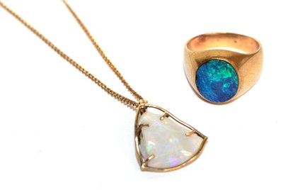 Lot 402 - An opal triplet signet ring, stamped '9CT, finger size U; and an opal pendant on a gold plated...