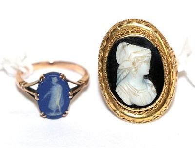 Lot 403 - A Victorian gold & Etruscan cameo ring, unmarked, finger size Q1/2; and another jasper ware...