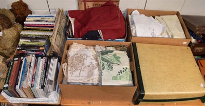 Lot 1001 - Assorted white linen, embroidered linen, lengths of furnishing and dress fabrics, green...