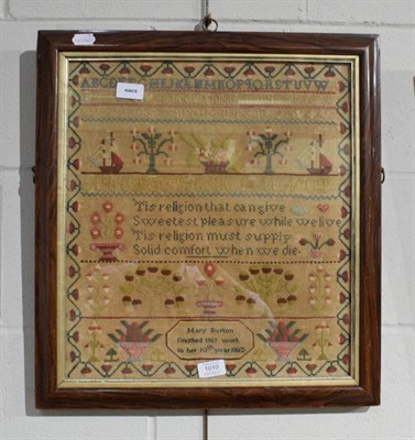 Lot 1010 - Alphabet sampler worked by Mary Burton, dated 1862, with religious verse to the centre and...