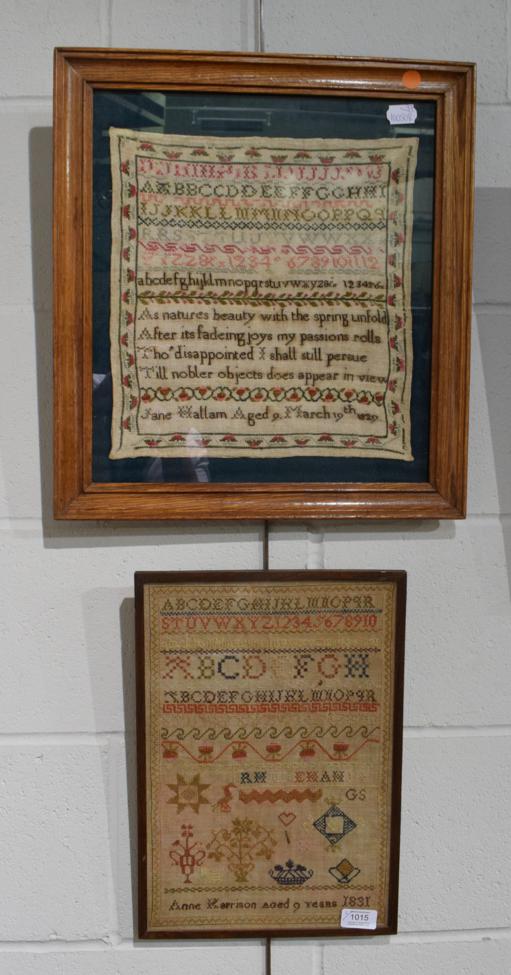Lot 1015 - Alphabet sampler worked by Anne Harrison aged 9 years, dated 1831, with alphabet followed by...