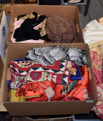 Lot 1030 - Assorted Chinese and eastern embroidered panels, cushion covers, costume etc (one box)