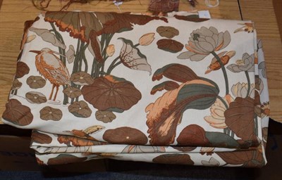 Lot 1033 - A pair of GP & J Baker limited linen curtains in brown Heron and Water Lily pattern