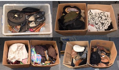 Lot 1042 - Quantity of assorted ladies and gents shoes, hats including opera hats (a.f.), bags, theatrical...