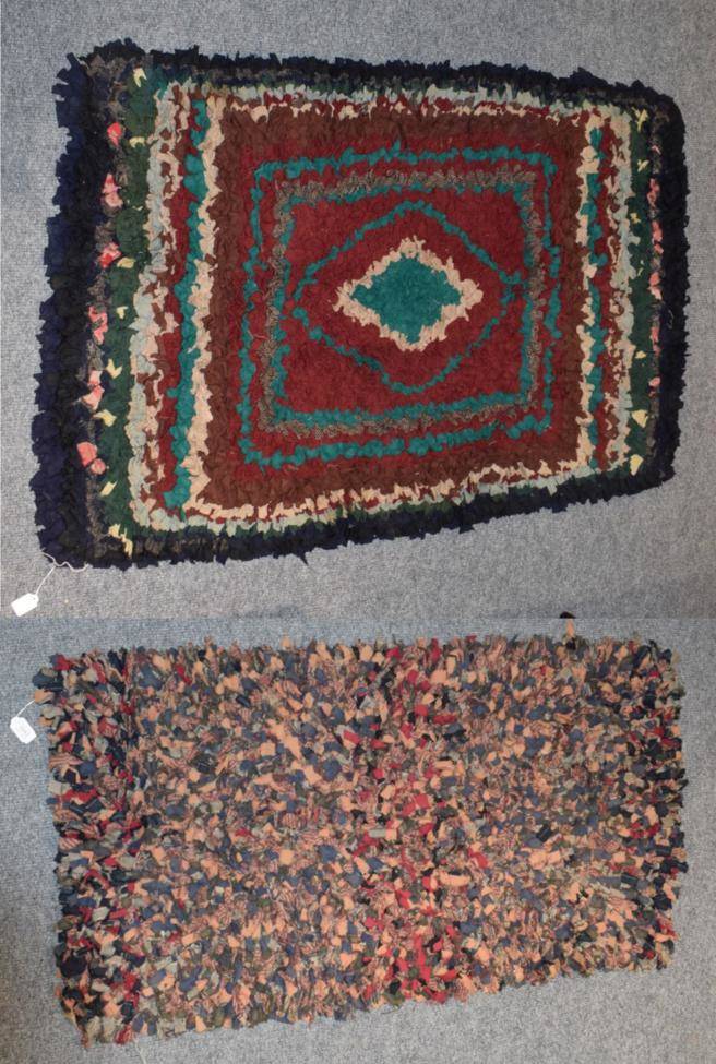 Lot 1043 - Wool rag rug with central lozenge surrounded by coloured frames, and another smaller (2)