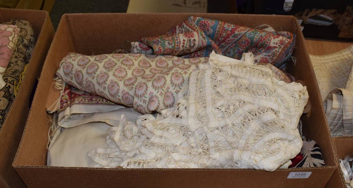 Lot 1049 - Assorted textiles including a white linen drawn thread work cloth, seven printed paisley and...