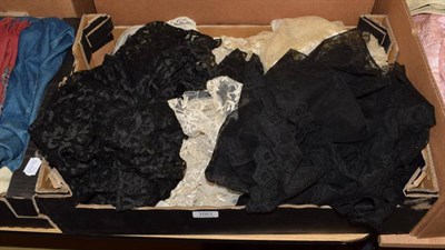 Lot 1051 - Black lace shawl, cream lace flounces (a.f.), collars and other items (one box)