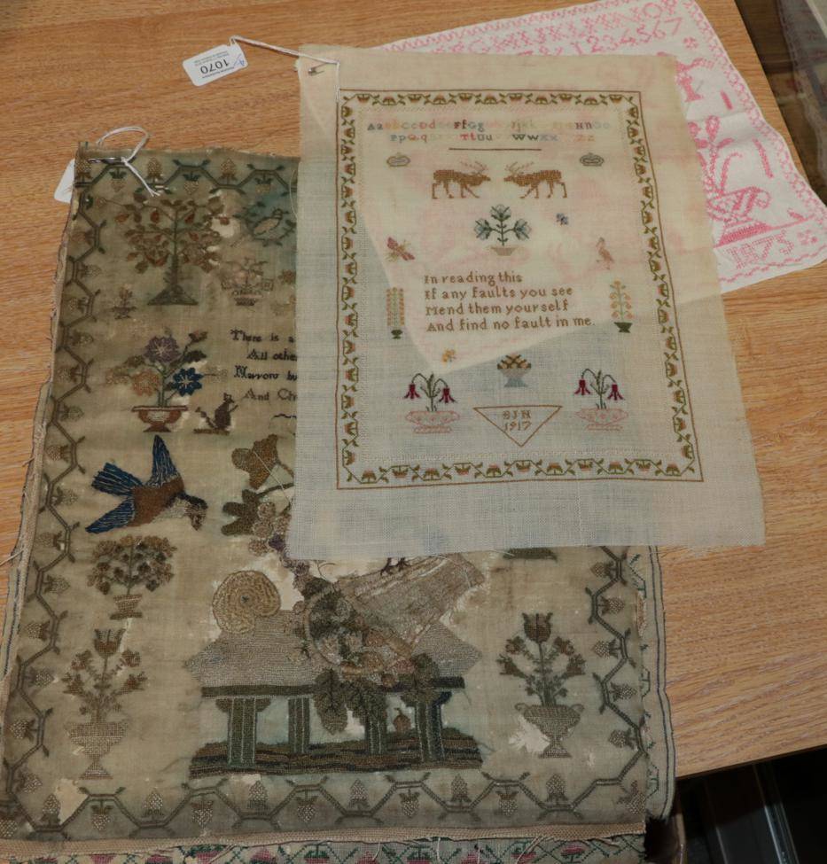Lot 1070 - Unfinished sampler by Janet Nairn, aged 11, 1836, also unframed (a.f.); an unframed memorial...