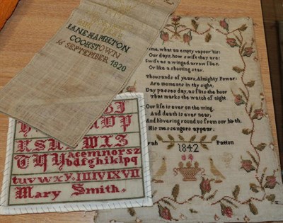 Lot 1072 - Unframed sampler worked by Sarah Patton, dated 1842, with religious verse and floral border,...