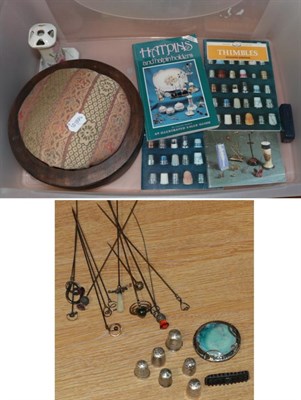 Lot 1073 - Assorted hat pins, thimbles and related items, including Bakers Encyclopaedia of Hat Pins,...