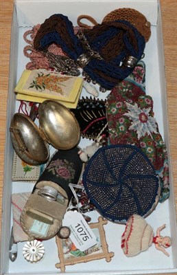 Lot 1075 - Assorted 19th century and later bead work, sewing accessories, woven purses, needle cases,...