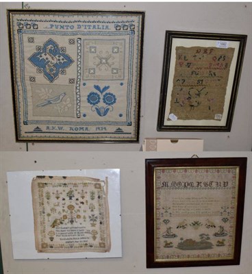 Lot 1082 - Alphabet sampler worked by Miriam Feare dated 1864, with gun dogs, sailing ships and birds in a...