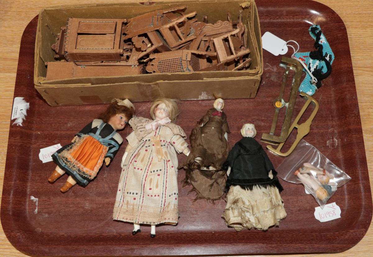 Lot 1087 - Dolls house items, including a suite of embossed and stitched cardboard furniture, two brass...