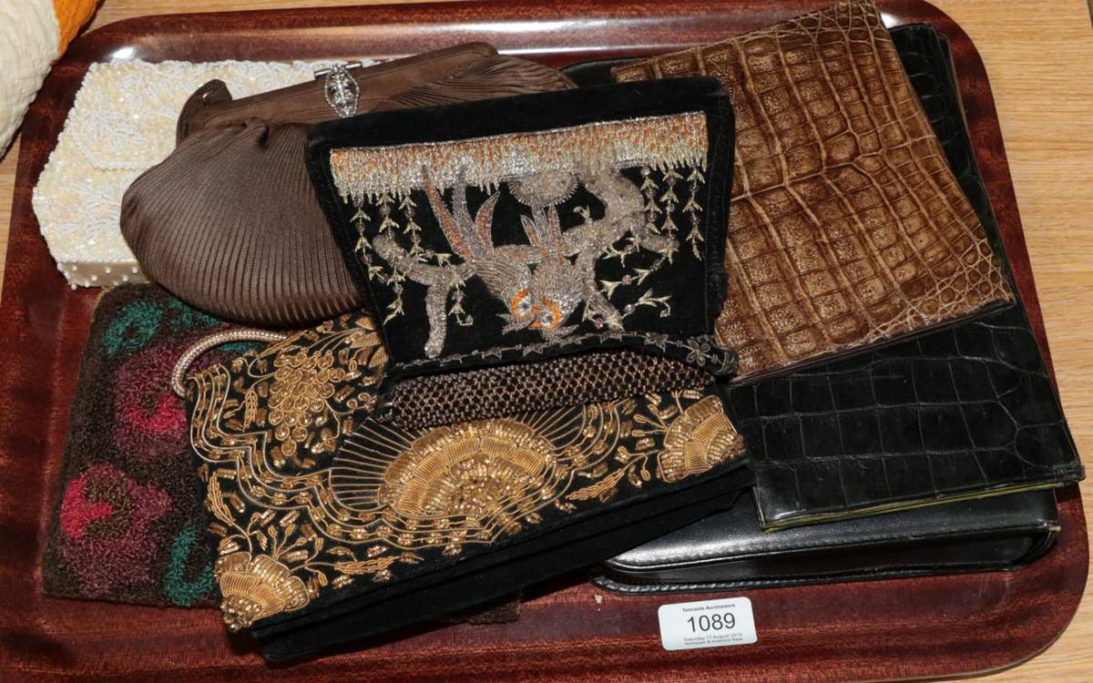 Lot 1089 - Five assorted 20th century evening bags, including an Indian black velvet bag embroidered with...
