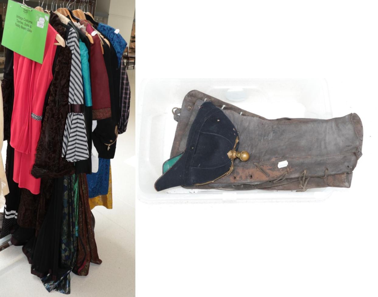 Lot 1097 - Ladies and Gents costume, including brown astracan fur coat, seven evening dresses and a top mainly