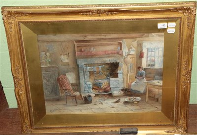 Lot 1197 - M Shotton, Interior scene beside a fire place, signed, watercolour in a gilt frame, 39cm by 52cm
