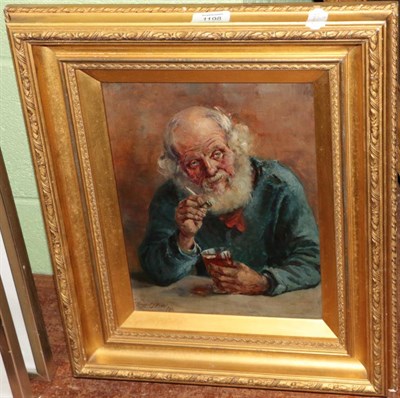 Lot 1198 - Herbert J Finn, Old man smoking a pipe, signed and indistinctly dated, oil on board, 30cm by 23cm