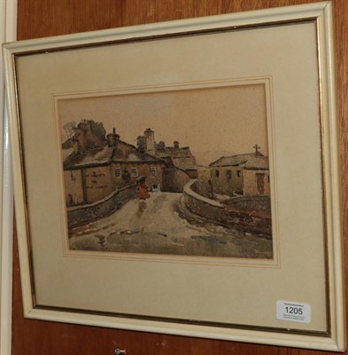 Lot 1205 - Fred Lawson, Dales scene with figure crossing a bridge, signed and dated 1918, watercolour