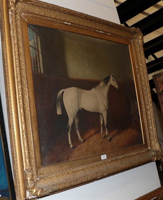 Lot 1212 - Edwin May Fox (act.1830-1870) Grey horse in stable, signed and indistinctly inscribed, oil on...