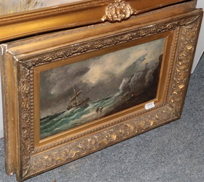 Lot 1214 - British school (19th/20th century) Coastal scene with boats, figures and lighthouse, oil on canvas