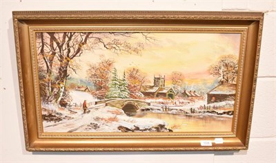 Lot 1228 - John Corcoran (20th century) Village snowscape, signed, oil on canvas, 34cm by 65cm