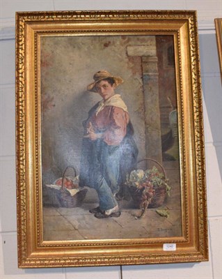 Lot 1240 - E Bragazzi (Italian, 19th century) Young boy flanked by baskets, signed, oil on canvas