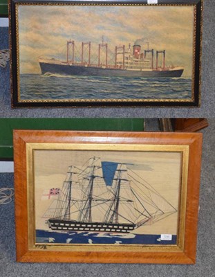 Lot 1249 - A Victorian embroidered sailor work ship picture, later frame; and an oil portrait of a...