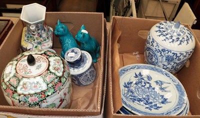 Lot 1257 - Assorted modern Oriental porcelain including wall plates; vases; cat figures etc (two boxes)