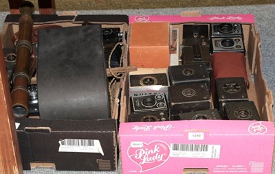 Lot 1280 - Two boxes of cameras, stereo viewer and others