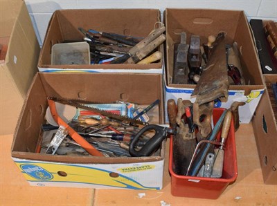 Lot 1286 - Four boxes containing an assortment of tools including planes, saws, spanners etc