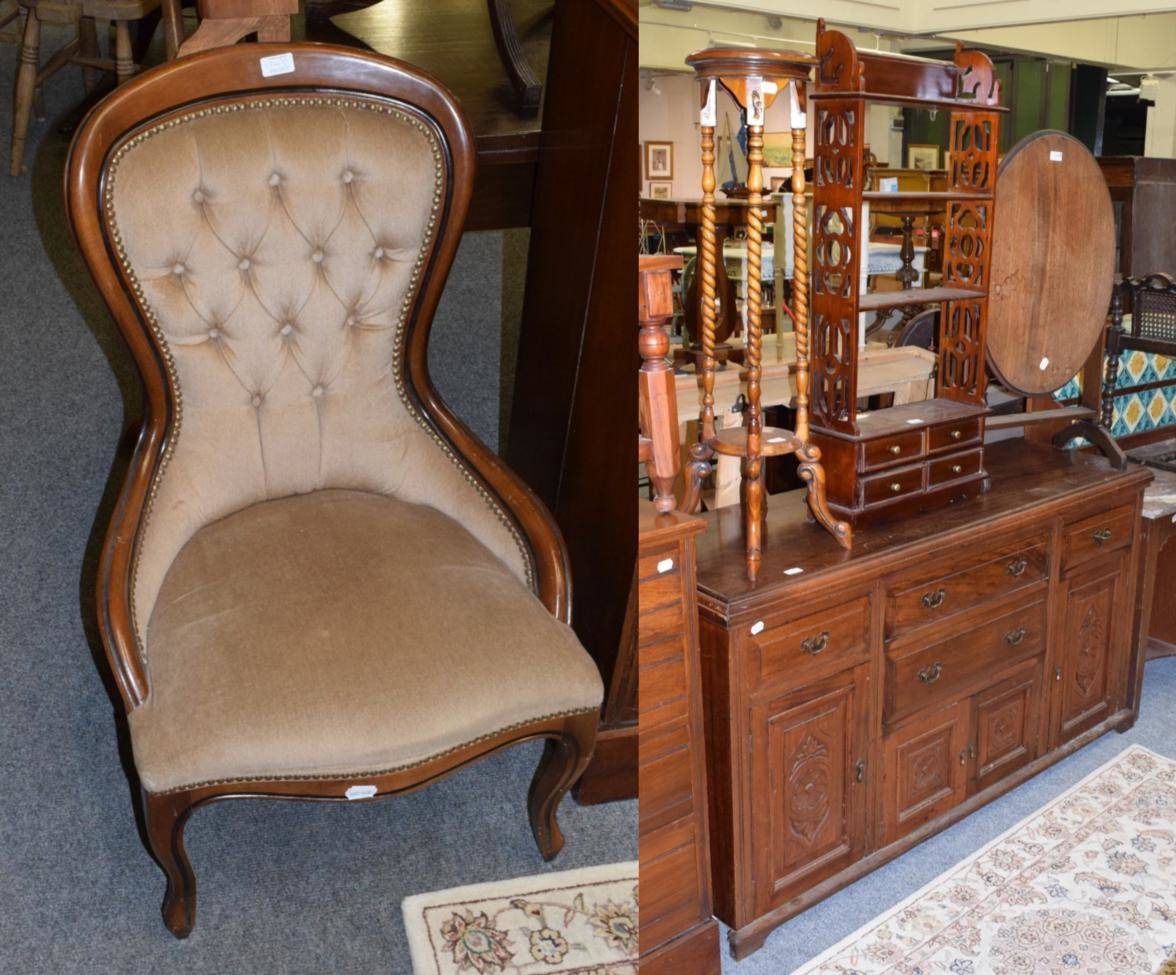 Lot 1346 - A tilt top occasional table; a modern jardiniere stand; a Victorian sideboard; a modern button...