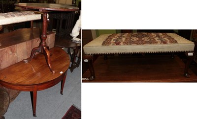 Lot 1393 - A George III oak tilt top tripod table; a demi-lune mahogany side table; a 20th century stool...