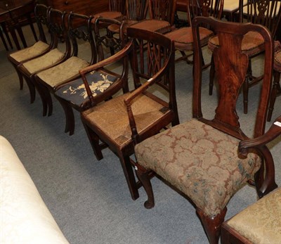 Lot 1438 - A set of four Regency cane seated chairs; a 19th century rush seated armchair; and an 18th...