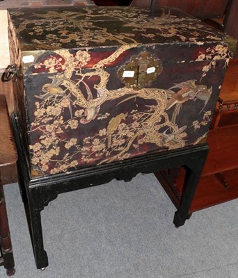 Lot 1455 - A 19th century Oriental style lacquered chest on stand with floral and bird decoration