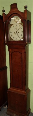 Lot 1500 - An eight day oak and mahogany longcase clock, arch painted dial, case with a pagoda pediment